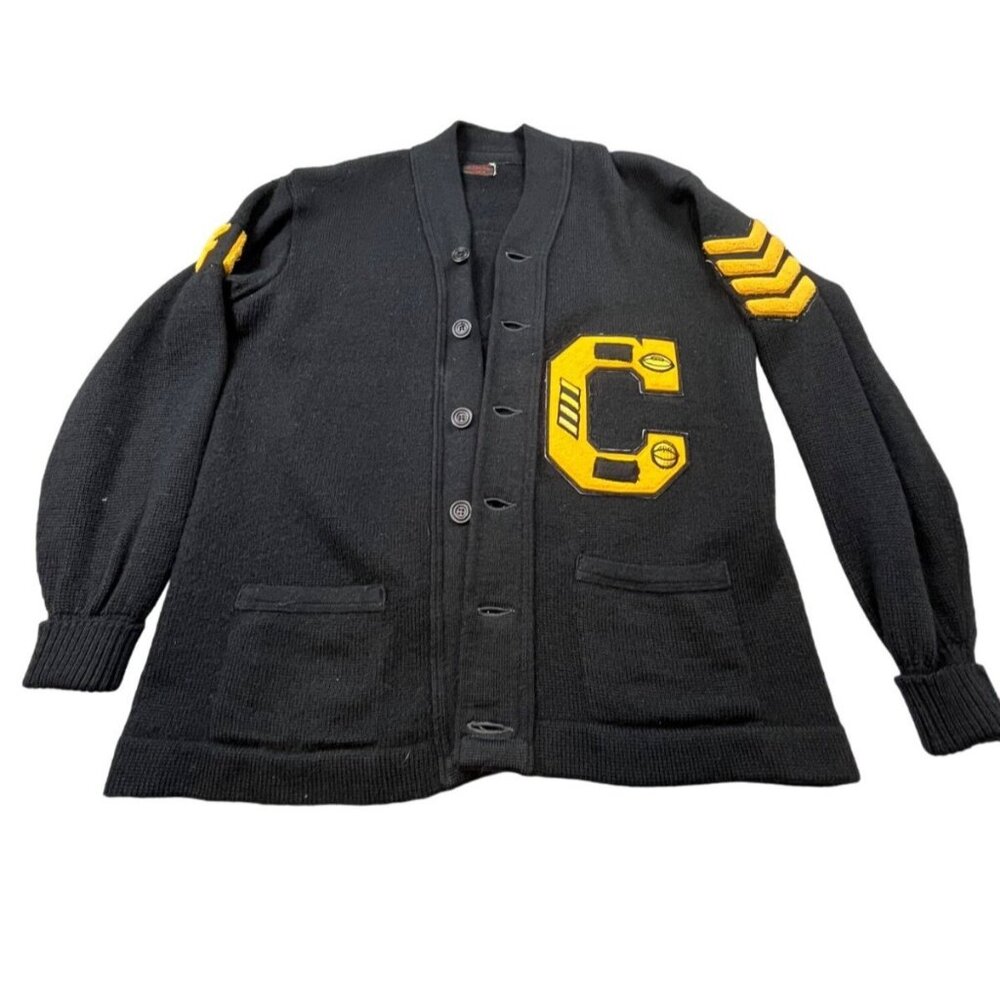 Vintage Wilson Varsity Sweater Men Medium Black Wool 70s UCC Champs Football USA